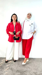 Kemeja Wanita Korean Style Lengan Balon Suki Linen Merah Putih Oversize Jumbo Bigsize