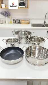 Bộ nồi chảo 5 món Inox 304 liền khối Kalpen Kampfer KF3 16-20-24 chảo 24cm Kèm Xửng Hấp
