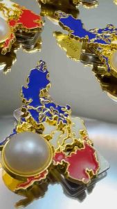 🇵🇭 Philippine Map Magnetic Brooch Pin – White Pearl Gold Tone with Flag Colors