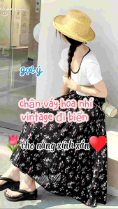 Chân váy hoa Chân váy dáng dài hoa nhí vintage cạp chun co giãn Midi thời trang Habis