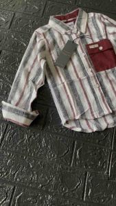 Kemeja anak lengan panjang warna putih motif salur abu bisa cod
