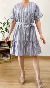 ●ECLAIRE● 063 Dress Mini Vneck Lengan Pendek Shortsleeves Motif Salur Stripe Garis-garis Korea Kasual Casual Kerja Santai 936