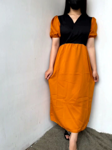 Dress Wanita Korean Style Mira Dress Panjang Lengan Balon 2Tone Kasual Dress Viral Kekinian Fashion Dress Bohemia