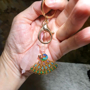 Natural Rose Quartz lucky charm and 24K plated Cloisonne Peacock charm Keychain [Natural Crystal]  纯天然粉晶转运牌配景泰蓝(铜镀24K金)孔雀开屏钥匙扣/小挂件