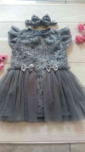 Dress Gaun Pesta Kondangan Anak Bayi 1 Tahun Newborn Brukat Tile Abu Grey Free Bando Jahitan Tailor