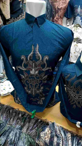 Kemeja Batik Pria Lengan panjang warna Emerald blue couple ayah dan anak bahan katun solo lapis furing