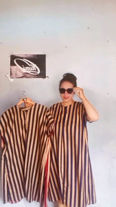 Daster Selutut Motif Stripe Premium Poliester Hitam/Mocca/Hitam
