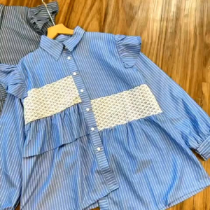 Kemeja Motif Salur kombi Brukat / Atasan Kemeja Wanita Model Terbari Trendi 2024 / Kemeja Motif Salur Size M L XL Murah
