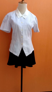 atasan kemeja wanita putih salur biru MY LIMIT cewek L lengan pendek kerja kuliah japan