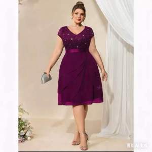 iYun Plus Sequin Lace V Neck Ruffle Trim Chiffon Hem Semi Formal Party Swing Dress