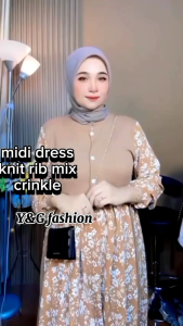 viona MIDI dress knit rib mix crinkle/MIDI dress kombinasi motif bunga/MIDI dress terbaru model masa kini