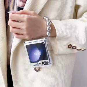 Anticrack Mirror Case Samsung Galaxy Z FLIP 7 Z FLIP 6 5G 2024 With Cute 3D Love Silver Pearl Bracelet Chain Phone Case For Samsung Galaxy Z Flip 7 Z Flip 6