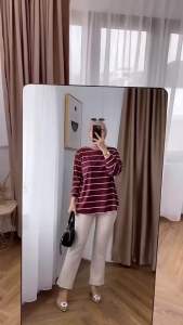 ALMAHYRA- Atasan Motif Salur Stripe Catton Combed24s Terviral 2025 Kaos Wanita Oversize Baju Panjang Top Garis Pendek Putih Polos