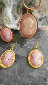 Beautiful Blush Pink Victorian Lady Cameo Plated Stainless Setting Necklace Ring and Earrings Set