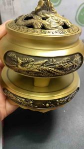 Bộ lư xông trầm long phụng nắp rồng nổi đồng nguyên khối size to