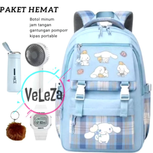 Tas sekolah anak perempuan remaja CINNAMOROLL gratis jam tangan botol minum kipas angin mini dan gantungan pompom tas sekolah SD SMP tas ransel