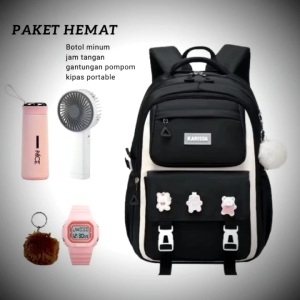 Tas ransel anak perempuan remaja SD SMP model karissa gratis jam tangan botol minum kaca kipas angin mini portable dan gantungan pompom tas ransel backpack anak tas ransel