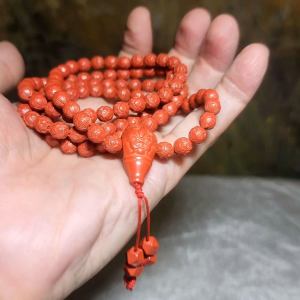 Gegegems purest natural Cinnabar 108 mala necklace (6.6mm Lotus 7.5mm Tang Balang and 22mm Pi Xiu hulu centrepiece)