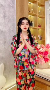(BIGSIZE <70kg) °Latin Tơ Tằm° Đồ bộ Pijama Đùi Sọt Tay Dơi Cổ Truyền Thống/Cổ Y Bộ ngủ mặc nhà Lụa mềm mịn mát Thiết Kế họa tiết Hot Trend Xinh Sang
