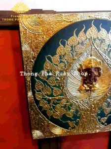ภาพต้นโพธิ์พระพิฆเนศปางงประทานพร พื้นสีเขียว ภาพปิดทองคำเปลว รูปพิฆเนศสายมู ภาพของขวัญมงคล ภาพวาด