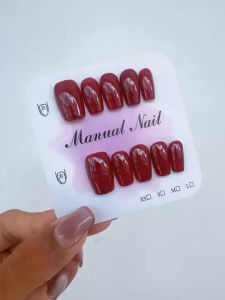 เล็บปลอมเจลแท้ 100% ทรงคอฟฟิน สั้น กลาง ยาว แถมฟรี อุปกรณ์ติดเล็บเจล สีแดง เบอร์44