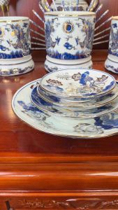 Mâm bồng sứ Bát Tràng Cao Cấp men trắng men lam vẽ vàng 24k Đĩa bầy hoa quả thờ cúng