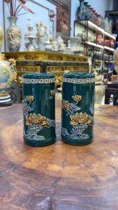 Lọ Đựng Hương Ống Cắm Hương Đồ Thờ Đắp Nổi Họa Tiết Sen Men Xanh Lục Bảo Cao Cấp Bát Tràng