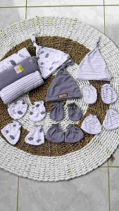 4in1 / Bedong Set Topi Dan Sartaki Untuk Bayi Baru Lahir Terbaru Baby Newborn Seri Abuabu