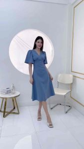 [พร้อมส่ง] [LUXURY707] เดรสไปงานทรงสุภาพ สไตล์เกาหลี แขนตุ๊กตาผ้าแก้ว(FN8107)