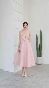 [LUXURY707] LX6111 : ชุดออกงานน่ารัก แขนกุด กระโปรงบาน ทรงเกาหลี แต่งโบว์