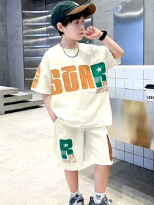 Setelan Pendek Baju Anak Remaja Laki Laki Usia 5-14Tahun Pakaian Jalan Santai Setcel Star Oversize Terbaru Zh