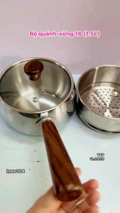 Quánh xửng hấp 16cm inox 304 / Bộ quánh xửng tay cầm gỗ 1.5 Lit