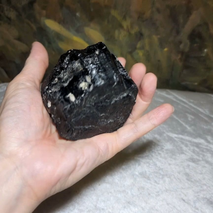 590 grams Raw Black Tourmaline with silvery Mica co-growth very reflective surface handheld hone decor [Natural Crystal]