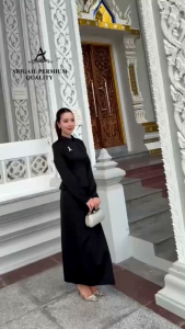 ชุดเซ็ตสีดำชุดดำทำพิธีชุดไทยจิตรดา!!! S-4XL Set3ชิ้น เสื้อสีดำแขนยาว+กระโปรงสีดำทรงสอบ+เข็มกลัดเพชร งานป้าย