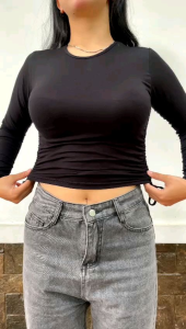 Baju Wanita Tangan Panjang Spandek Rayon Croptee Terbaru 2025/Atasan Tangan Panjang Spandek Rayon/CropTop Serut Samping/T-Shirt Basic Croptee Serut Samping Tangan Panjang Spandek 2025 Ready