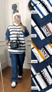 One Set Jeans Wanita Terbaru: Setelan Bahan Jeans Premium Mix Katun Salur