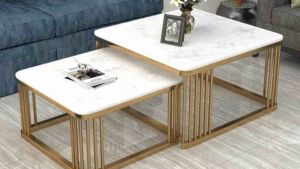 Bàn trà đôi Sofa phòng khách mặt đá vuông chân kim loại 5 nan sang trọng hiện đại