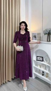 M425 Đầm Trung Niên Cao Cấp-chất nhủ dệt đá nổi có co giãn thoải mái