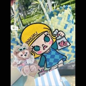 พร้อมส่ง ตะกร้าสาน กระเป๋าสานMolly งานแฮนด์เมด ปักลายมอลลี่ กระเป๋าถือ ใส่ของได้เยอะลายน่ารักแข็งแรง