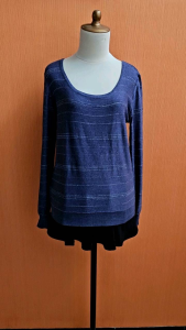 atasan kaos rajut wanita biru tua TOPVALU EARTHY LIVING cewek L XL lengan panjang rajut santai