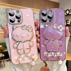 Luxury Hello Kitty Makeup Mirror Diamond Pearl Pendant Plating Holder Stand Phone Case Soft Back Cover For OPPO A77S A1 Pro A37 A11K A1K A31 A39 A3S A5 A9 A52 A92 A59 F1S A7 A5S A12 A83 A91 A71 A74