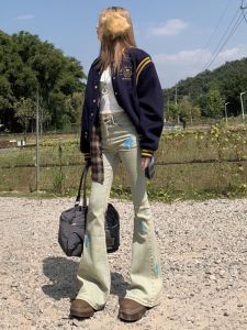 QIAOMIDUO | Fall Winter Retro Cool Personalized Womens Denim Jeans Design Sensation Y2K Micro Flared Horse Hoof Pants High Waist Cotton Stretch Denim