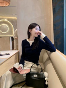 YUANYA | Color Block Fake Two-piece Slim-fit Sweater