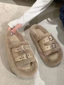 Dép Lông Thỏ Đế Dày Hai Khuy Mùa Đông Cho Nữ Dép Lông Cừu Đế Cao Su Đế Xuồng Lót Lông Cừu