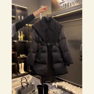 Elegant Black Miniature Style down Jacket Womens Fashion High-End Autumn Winter Coat Korean Version Straight Cut Polyester