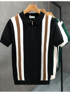 Summer Slim Fit Mens Polo Shirt Half Zip Knitted Ice Silk Short Sleeve Striped T-Shirt Fashionable Casual Top for Youth