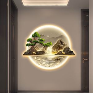 New Chinese Style Waterfall Fortune Feng Shui Decorative Painting LED Light