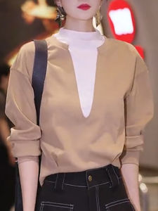 SUOXIMENG | Khaki Large Size Fashionable Commuter Style Womens Top Trendy Splicing Design Autumn New Arrival Anti-Aging Effect