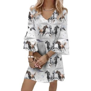 Jumeast Racing Horses 3D Printed Women Casual Flared Sleeve V-Neck Dress Ink Painting Pattern Elegant Brahman Skirt Tropical Style Hawaiian Clothing