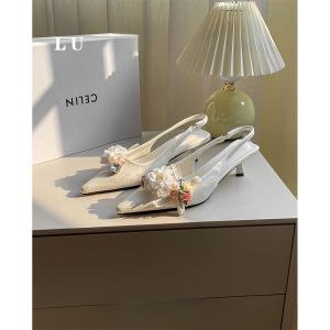 New Chinese Style Womens Summer High Heel Sandals Pearl Decorated Floral Print Low Cut Sharp Pointed Toe Elastic Closure Roman Shoes